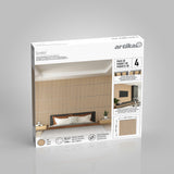 A product box for Artika Sonolok wall panels, featuring an image of a modern bedroom with light wood slat panels behind the bed. The box highlights that it contains 4 panels, each covering 14.6 sq. ft.