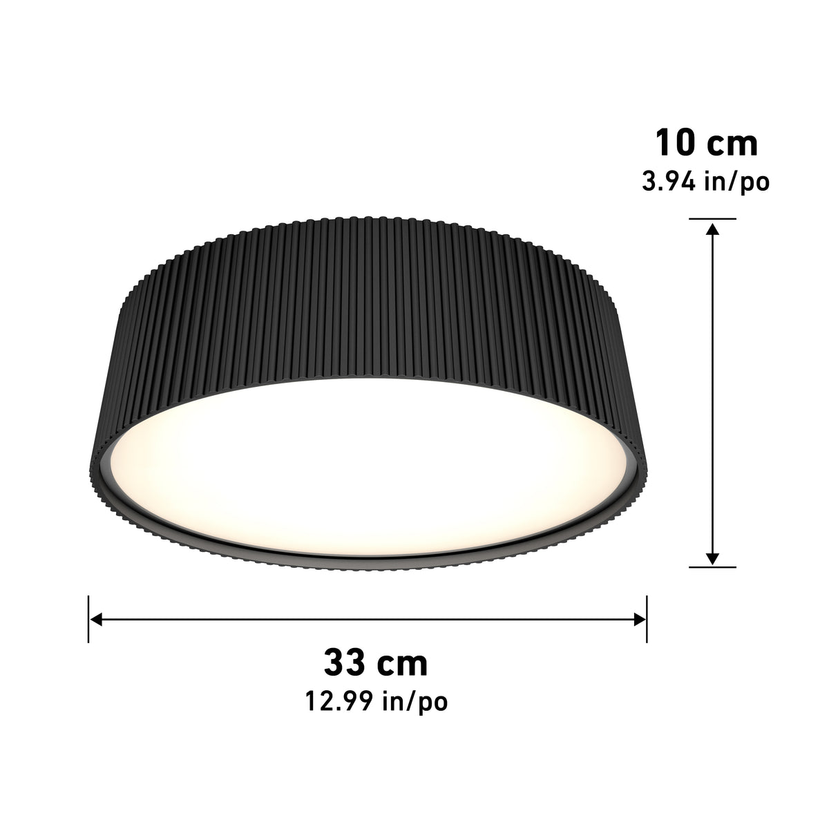 The Artika Groove 13 in. LED modern flush mount light features a black, round design with a ribbed exterior, measuring 10 cm (3.94 in) in height and 33 cm (12.99 in) in diameter.