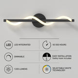 A modern LED wall light with a wavy design is shown above icons and text highlighting features: LED integrated, 50,000 hours, dimmable, easy installation, 1200 lumens, and selectable white technology.