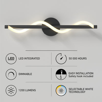 The Artika Neon modern LED bathroom vanity light 5 CCT is a wall-mounted fixture with a wavy design, delivering 1200 lumens, dimmable lighting, selectable white (CCT), easy installation, integrated LEDs, and a 50,000-hour lifespan.