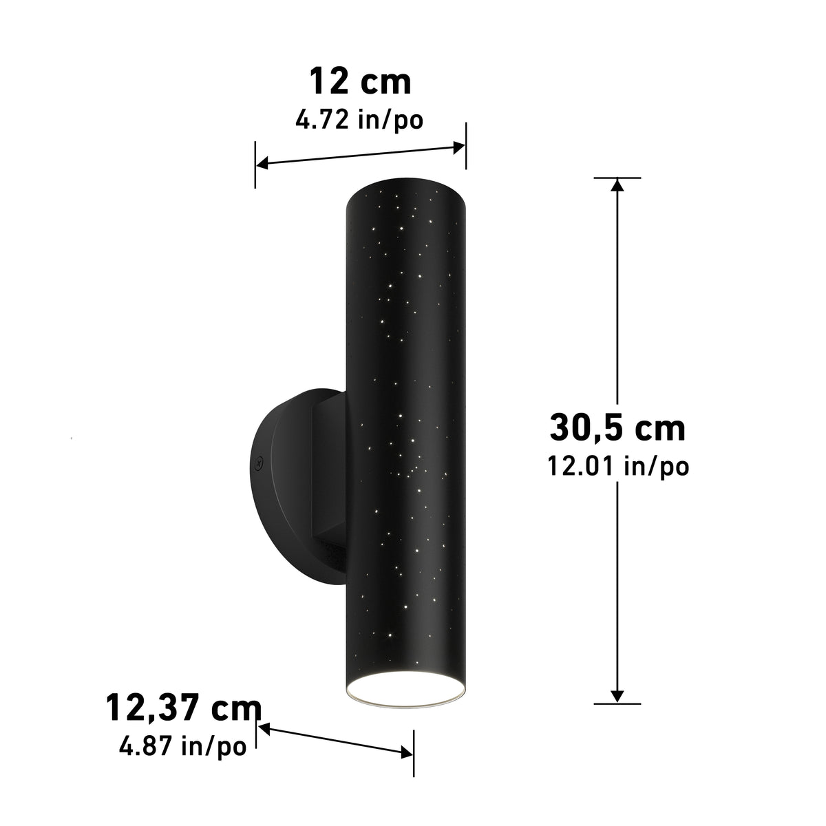 A black cylindrical wall sconce with tiny star-like dots, mounted on a round base. Dimensions shown: height 30.5 cm (12.01 in), cylinder diameter 12 cm (4.72 in), base width 12.37 cm (4.87 in).