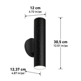 A black cylindrical wall sconce with tiny star-like dots, mounted on a round base. Dimensions shown: height 30.5 cm (12.01 in), cylinder diameter 12 cm (4.72 in), base width 12.37 cm (4.87 in).