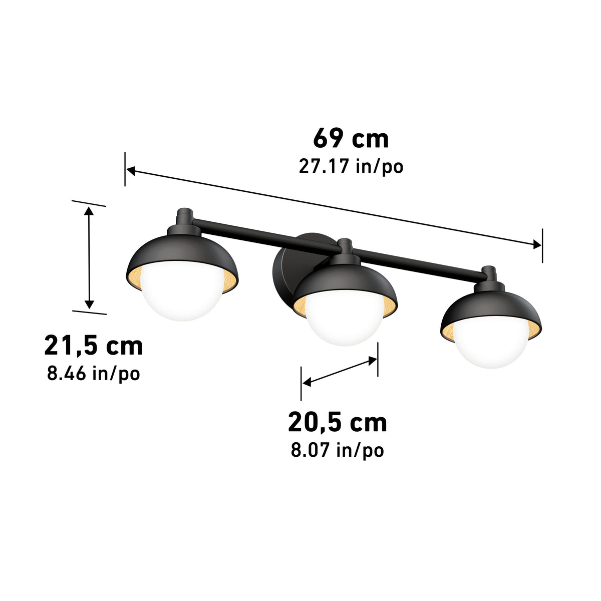 A black three-light wall fixture with round white globes. Dimensions are labeled: 69 cm (27.17 in) wide, 21.5 cm (8.46 in) tall, and globes are 20.5 cm (8.07 in) in diameter.