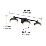 A black three-light wall fixture with round white globes. Dimensions are labeled: 69 cm (27.17 in) wide, 21.5 cm (8.46 in) tall, and globes are 20.5 cm (8.07 in) in diameter.