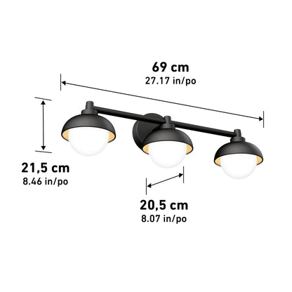 The Artika Boden LED mid-century bathroom vanity light 5 CCT features three lights with black shades and white globes, measuring 69 cm wide, 21.5 cm high, and 20.5 cm deep.