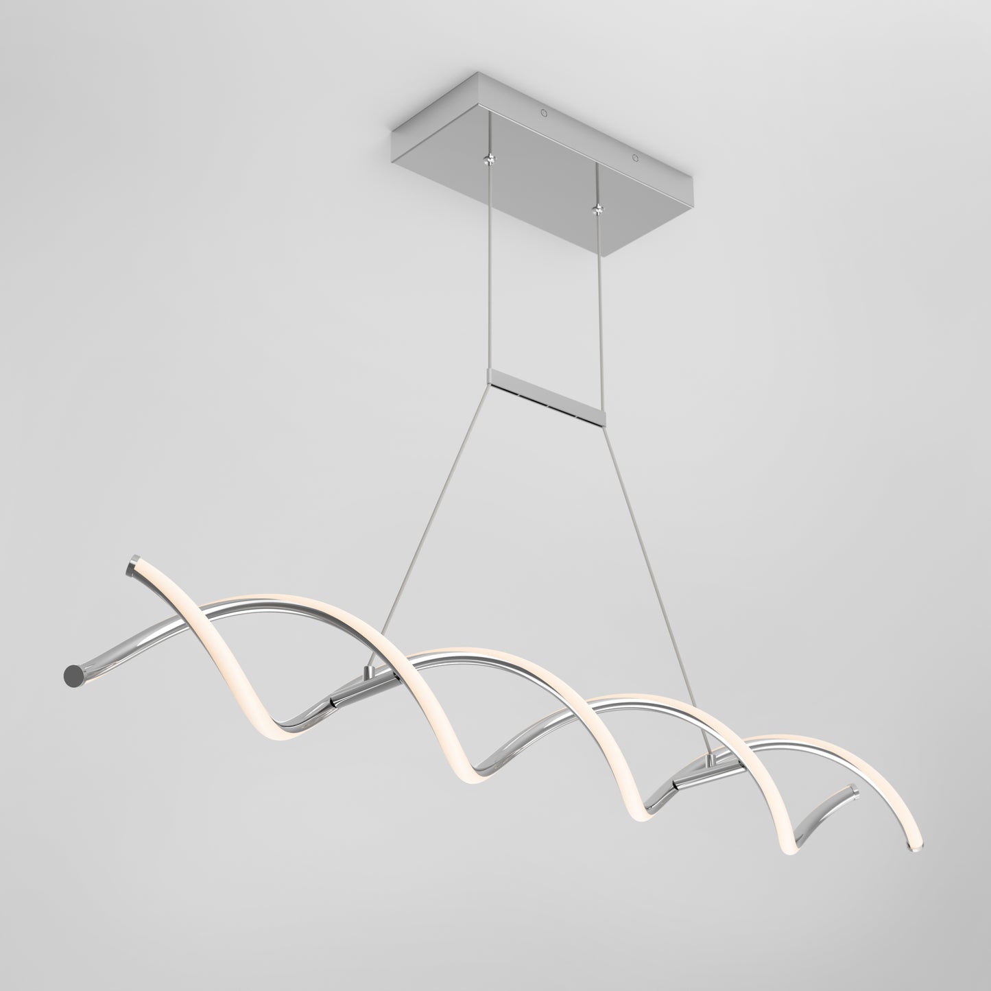 The Artika DNA Linear LED modern pendant light features a sleek chrome finish, a rectangular base, and two thin cables supporting a twisted wave-shaped LED design, shown against a plain white background.