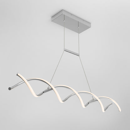 The Artika DNA Linear LED modern pendant light features a sleek chrome finish, a rectangular base, and two thin cables supporting a twisted wave-shaped LED design, shown against a plain white background.