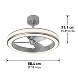 Modern ceiling fan with three blades and a circular LED light ring. Dimensions are shown: 31.1 cm (15.39 in) tall and 58.4 cm (22.99 in) wide.