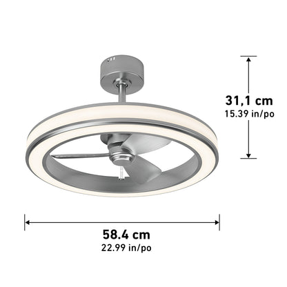 Modern ceiling fan with three blades and a circular LED light ring. Dimensions are shown: 31.1 cm (15.39 in) tall and 58.4 cm (22.99 in) wide.