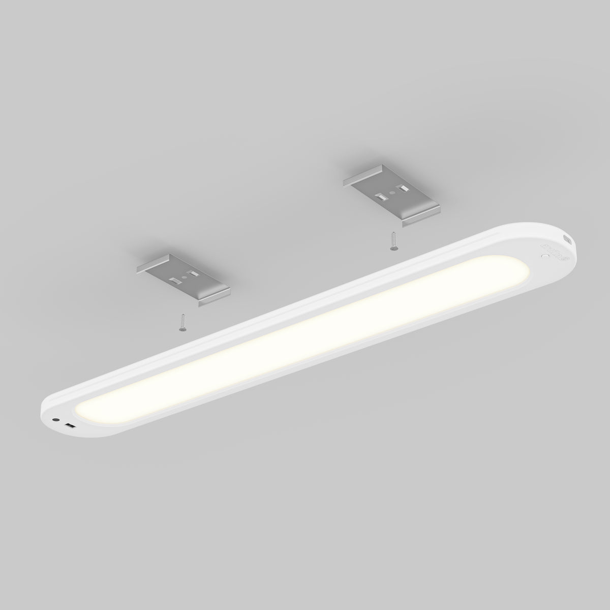 Artika Impulse Under-Cabinet LED Light RGB+CCT, shown with two metal brackets and screws on a light gray background.