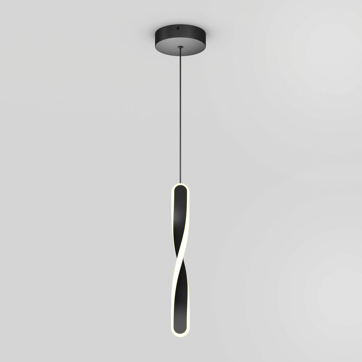 The Artika Finley modern LED pendant light 5 CCT features a black circular ceiling mount and a suspended twisted loop design with a glowing white LED strip, shown against a plain light gray background.