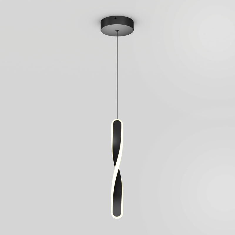 The Artika Finley modern LED pendant light 5 CCT features a black circular ceiling mount and a suspended twisted loop design with a glowing white LED strip, shown against a plain light gray background.