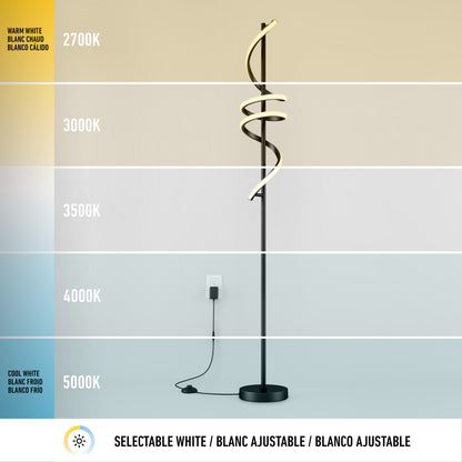 The Artika Coda modern LED floor lamp 5CCT features a spiral design and offers adjustable white light color temperatures from 2700K to 5000K, with selectable dimmable options for customizable lighting against any wall.