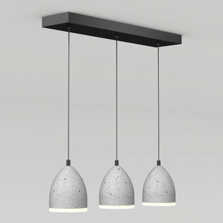 The Artika Bergen 3-light LED pendant features three modern gray concrete dome shades suspended in a row from a sleek black rectangular ceiling mount, shown against a plain white background.