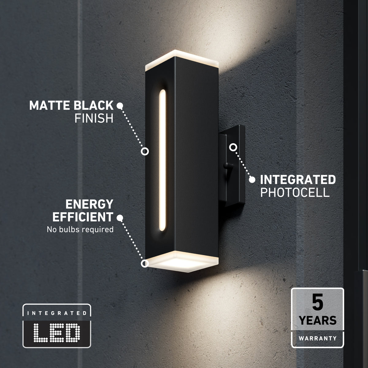 A modern black wall sconce with vertical LED lights is mounted on a gray wall. Text highlights its matte black finish, energy efficiency, integrated photocell, and 5-year warranty.