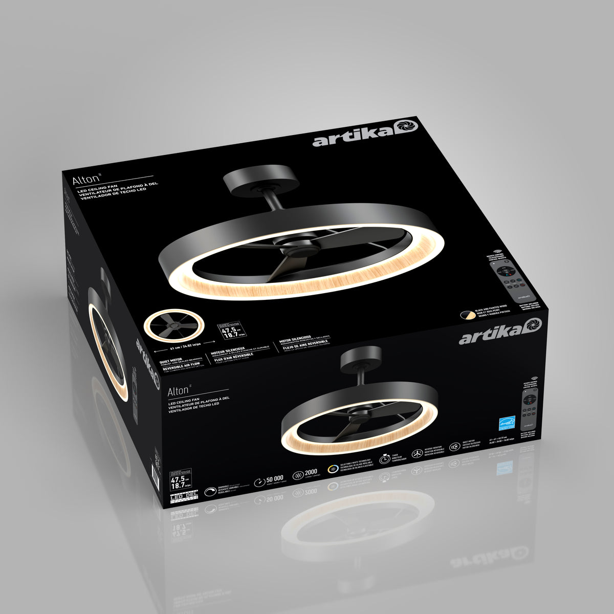A black Artika Alton ceiling fan with a circular LED light is shown on a black product box with product details, branding, and images of the fan on the packaging. The box is displayed on a gray background.