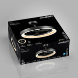 A black Artika Alton ceiling fan with a circular LED light is shown on a black product box with product details, branding, and images of the fan on the packaging. The box is displayed on a gray background.