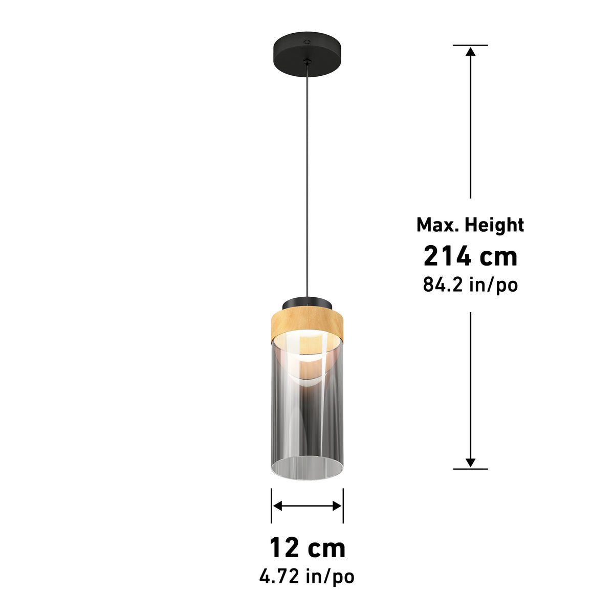 The Artika Hanson 1-light LED pendant features a black ceiling mount, wooden accent, cylindrical glass shade, and black cord. Dimensions: 12 cm (4.72 in) diameter, max height 214 cm (84.2 in). Adjustable 5 CCT lighting.