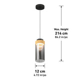 Pendant light with a round black ceiling mount, cylindrical glass shade, and wooden accent. Dimensions: 12 cm (4.72 in) diameter and maximum height of 214 cm (84.2 in).
