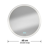 A round, wall-mounted mirror with an illuminated LED edge, a touch control panel, and a diameter of 60 cm (23.622 inches), shown with measurement arrows beneath it.