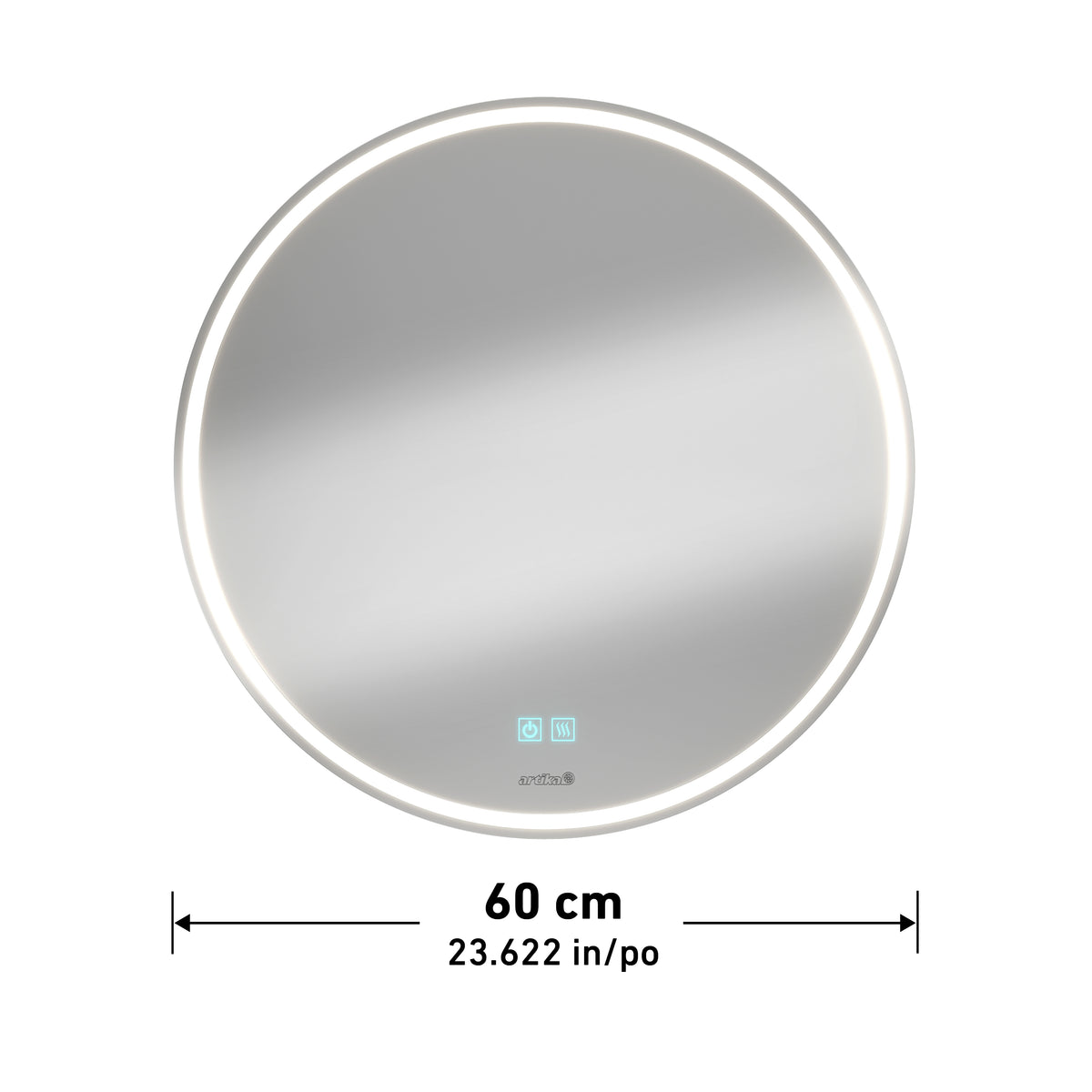 Artika Emeraude 24″x24″ LED bathroom mirror with anti-fog and touch controls, 61x61 cm, shown below with measurement arrows.