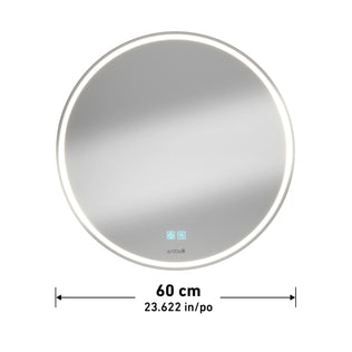 Artika Emeraude 24″x24″ LED bathroom mirror with anti-fog and touch controls, 61x61 cm, shown below with measurement arrows.