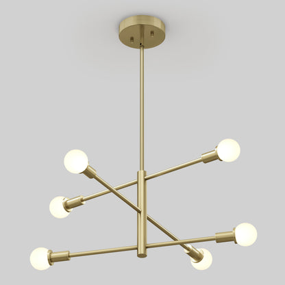 The Artika Aristo LED 5 CCT pendant light is a modern gold chandelier with six arms and exposed white bulbs in a geometric sputnik-style design, suspended from a central rod for striking ceiling decor.