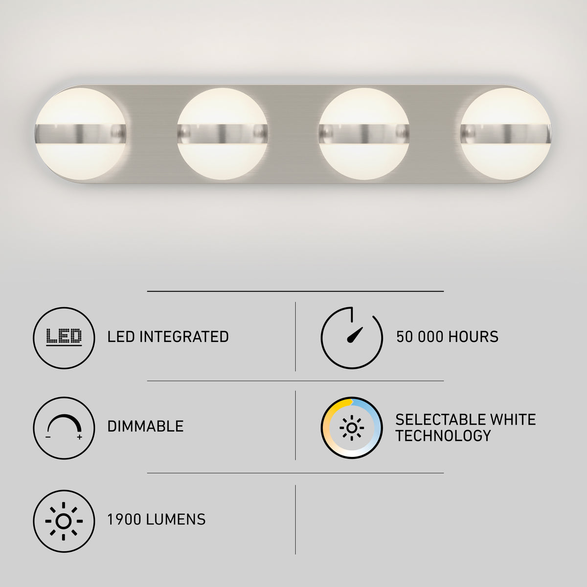 The Artika Baldric LED modern bathroom vanity light 3 CCT has 1900 lumens, dimmable round bulbs, and adjustable colour temperature.