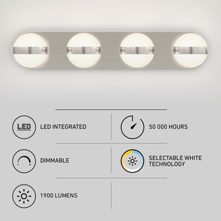 The Artika Baldric LED modern bathroom vanity light 3 CCT has 1900 lumens, dimmable round bulbs, and adjustable colour temperature.