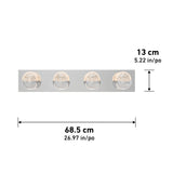 A horizontal four-light wall fixture with round glass shades, mounted on a rectangular base. The fixture measures 68.5 cm wide and 13 cm tall, with both metric and inch measurements shown.