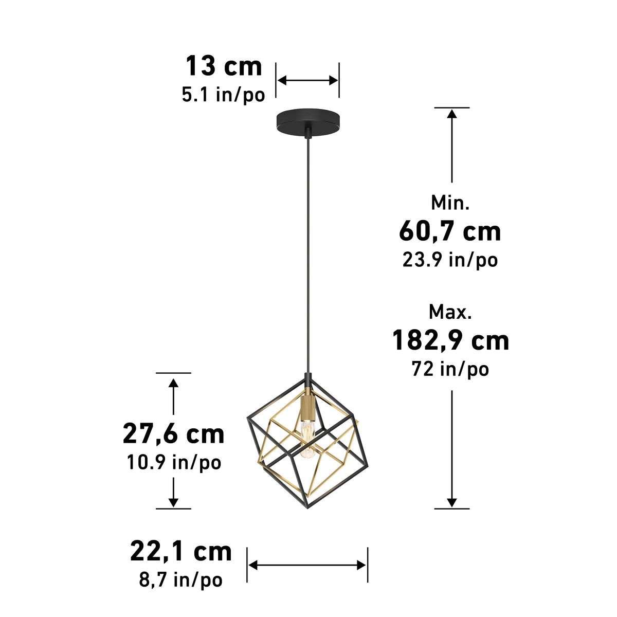The Artika Imperium Single pendant light features a black and gold geometric design with a 13 cm diameter ceiling plate, adjustable height from 60.7–182.9 cm, lamp height of 27.6 cm, and width of 22.1 cm (cm/inch measurements).