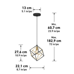 The Artika Imperium Single pendant light features a black and gold geometric design with a 13 cm diameter ceiling plate, adjustable height from 60.7–182.9 cm, lamp height of 27.6 cm, and width of 22.1 cm (cm/inch measurements).