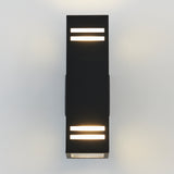 A modern black wall sconce with rectangular design, featuring two horizontal LED light strips at the top and bottom, mounted on a light-colored wall.