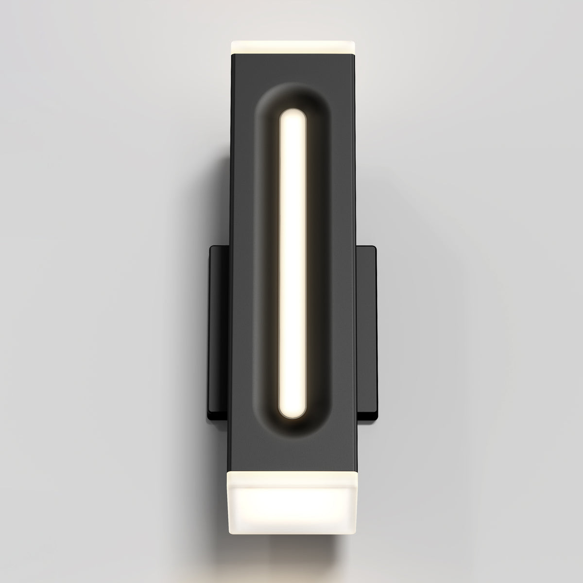 A modern, rectangular wall sconce with a black frame and glowing white light strip in the center, mounted on a light gray wall.