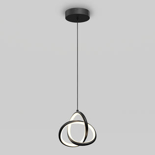 The Artika Zephyr LED pendant features two interlocking black rings with integrated LEDs, suspended by a thin black cord from a round ceiling mount, shown against a plain gray background.
