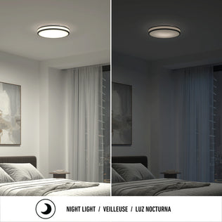 A bedroom with Artika’s Hemisphere 15 in. LED ceiling light, shown in bright and dim CCT night light modes.