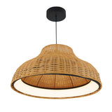A woven rattan pendant light fixture with a wide, bell-shaped shade hanging from a black ceiling mount on a black cord. The interior is lined, dispersing warm, soft light.