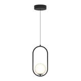 Modern pendant light with a black oval frame and a white spherical bulb suspended in the center, hanging from a black ceiling mount by a thin cord.
