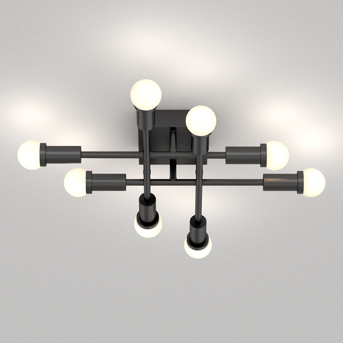 Modern ceiling light fixture with six evenly spaced glowing bulbs on black metal rods, arranged in a geometric pattern, mounted on a white ceiling.