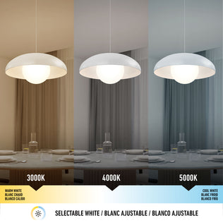 Three Artika Boden LED modern mid-century pendant lights hang above a dining table, each showing a different color temperature: 3000K (warm white), 4000K (neutral white), and 5000K (cool white). Text labels each CCT.