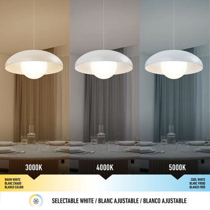 Three Artika Boden LED modern mid-century pendant lights hang above a dining table, each showing a different color temperature: 3000K (warm white), 4000K (neutral white), and 5000K (cool white). Text labels each CCT.