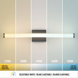 A wall-mounted light bar is shown displaying five different white color temperatures: 2700K (warm white), 3000K, 3500K, 4000K, and 5000K (cool white), arranged from left to right.