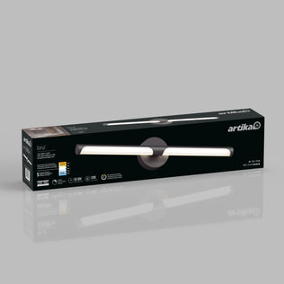 A black rectangular box for the Artika Ilona LED bathroom vanity light 5 CCT is shown on a gray background, displaying the product image, details, and the Artika logo on its packaging.