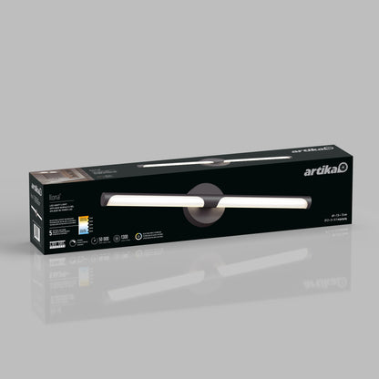 A black rectangular box for the Artika Ilona LED bathroom vanity light 5 CCT is shown on a gray background, displaying the product image, details, and the Artika logo on its packaging.