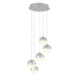 Modern pendant light fixture with five spherical, silver and frosted glass shades hanging at different lengths from a round ceiling mount.