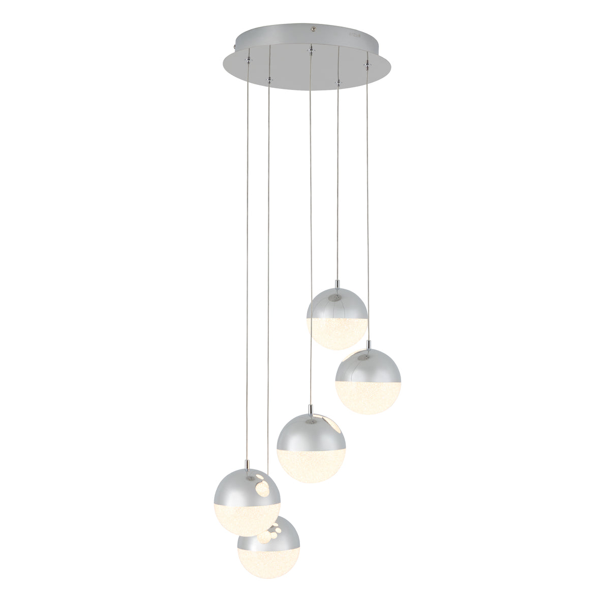 The Artika Sparkle 5-light LED pendant features five spherical shades, each half frosted-white and half metallic silver, hanging at varying lengths from a round ceiling mount.