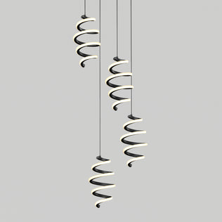 Four modern Chorus LED pendant lights by Artika, featuring spiral black and white designs, hang at varying heights against a plain gray background.
