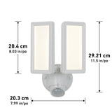 A white dual-head LED security light with rectangular panels, mounted on a round base with a motion sensor. Dimensions are labeled: 20.4 cm (8.03 in), 29.21 cm (11.5 in), and 20.3 cm (7.99 in).