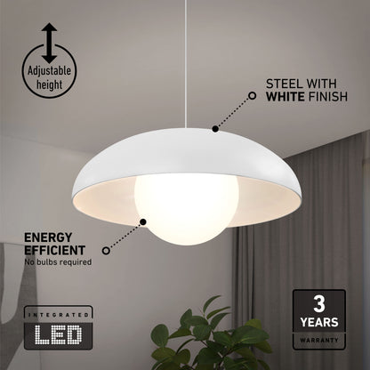 The Artika Boden LED modern mid-century pendant light features a round white steel shade, exposed bulb design, adjustable height, energy-efficient integrated LED with 3 CCT options, and includes a 3-year warranty.