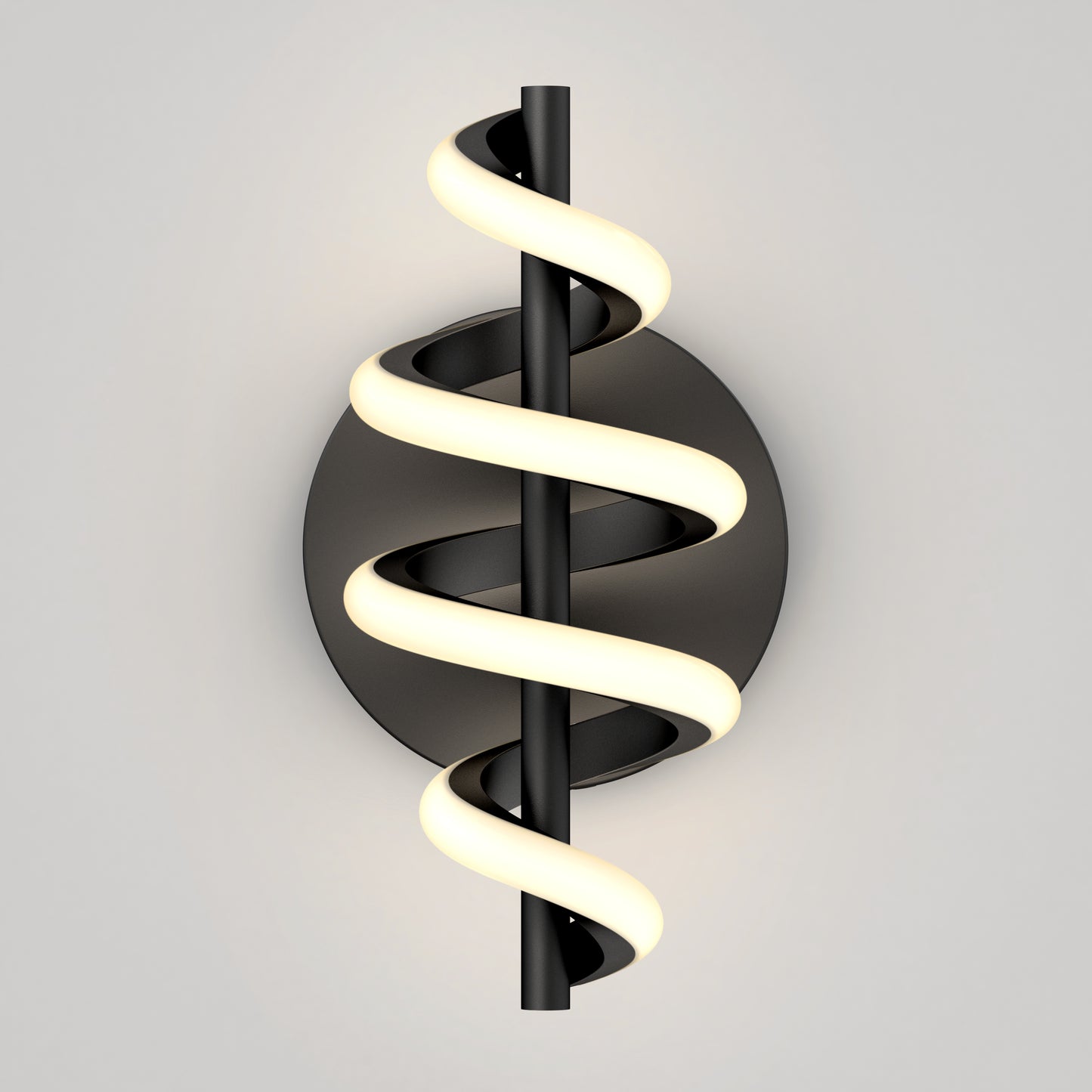 The Chorus LED Wall Light by Artika features a black circular base and vertical rod wrapped with a glowing spiral LED, creating a sleek, modern look.